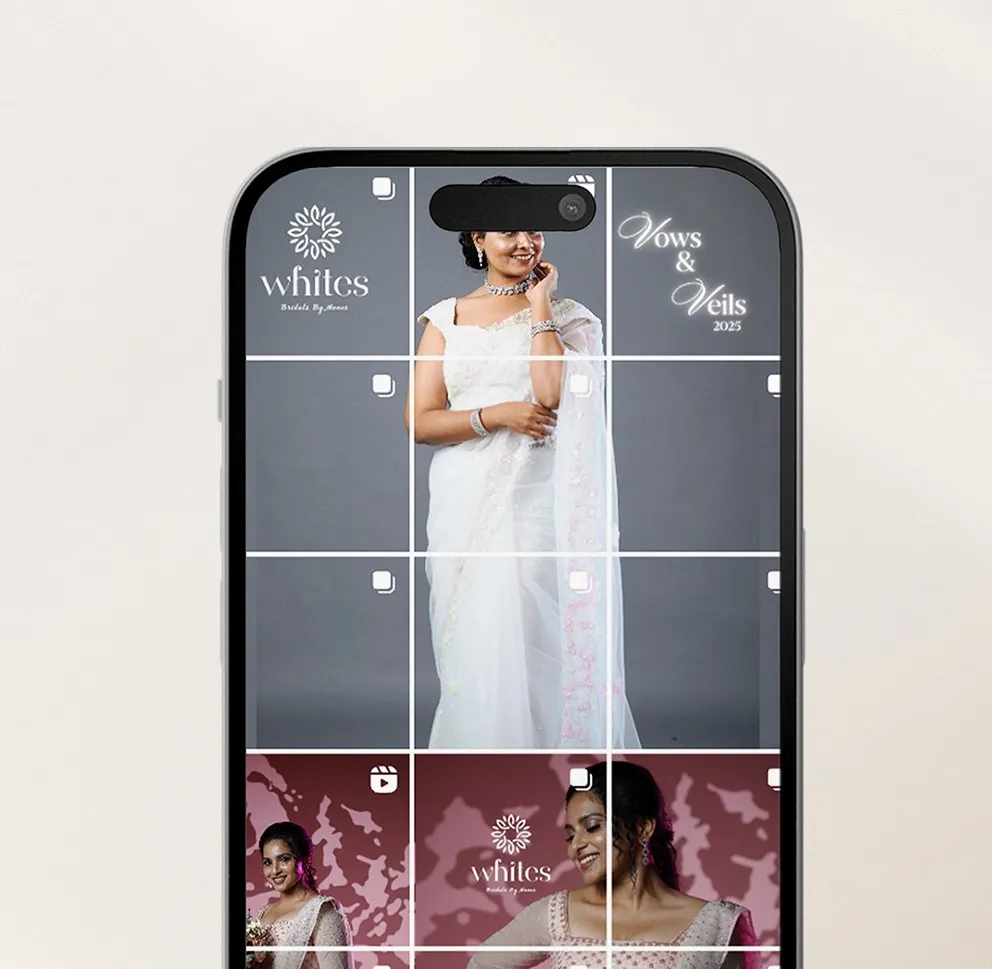 A stylish Instagram grid featuring a bride in elegant attire
